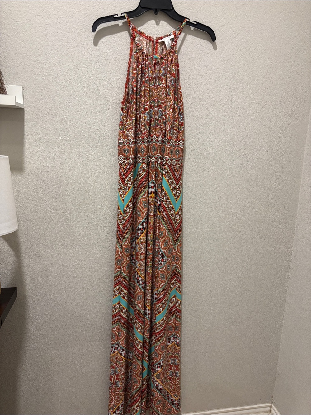 London Times Aqua and Orange Maxi Dress with Waistband Detail sz 10
